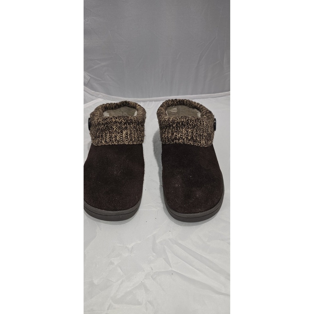 Clarks Angelina Knit Collar Clog Slippers Brown Leather Size 9 Faux‎ Fur Lined